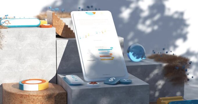 A 3D motion-design scene of a smartphone displaying a colorful analytics dashboard, surrounded by floating UI icons and abstract shapes.