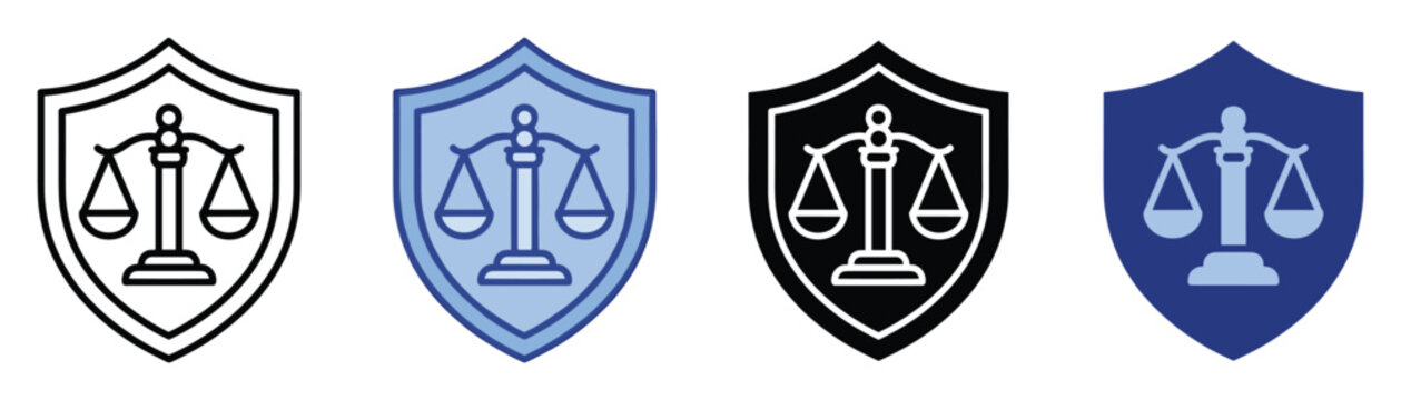 Set of shield and justice scale icons representing legal protection and balance suitable for law