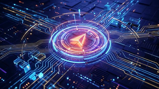 Futuristic digital interface with a glowing navigation arrow icon on a complex circuit board background representing advanced technology