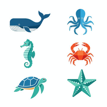 Collection of Six Stylized Marine Animals in Flat Design.