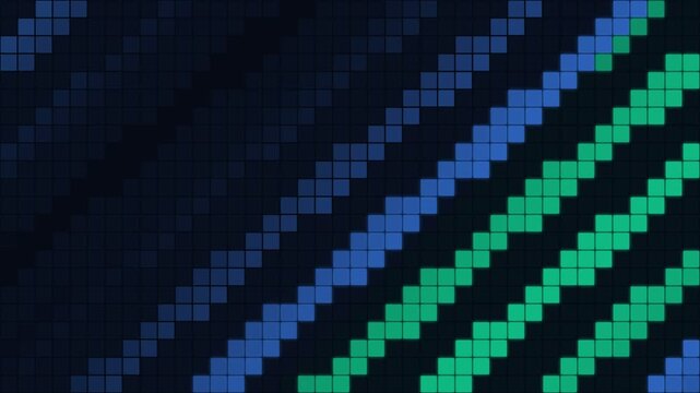 Abstract digital background with glowing green and blue square pixel stripes