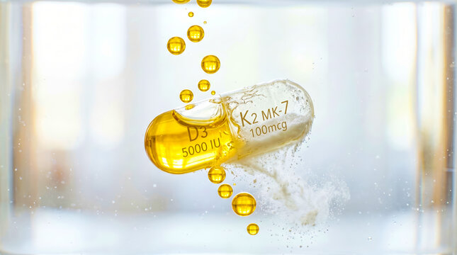 Vitamin D3 and K2 MK7 capsule dissolving in liquid