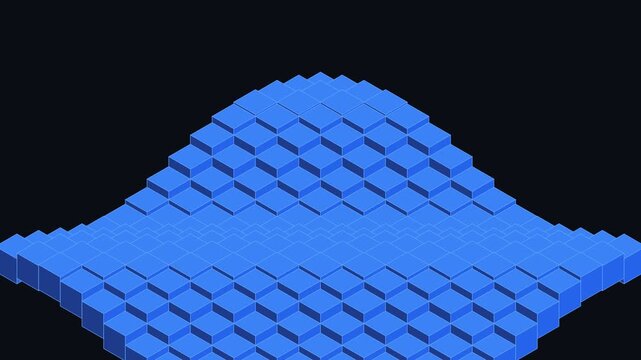 A digital landscape featuring a grid of blue isometric cubes in a peak