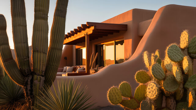Southwestern home with saguaro cacti at sunset golden hour warm light