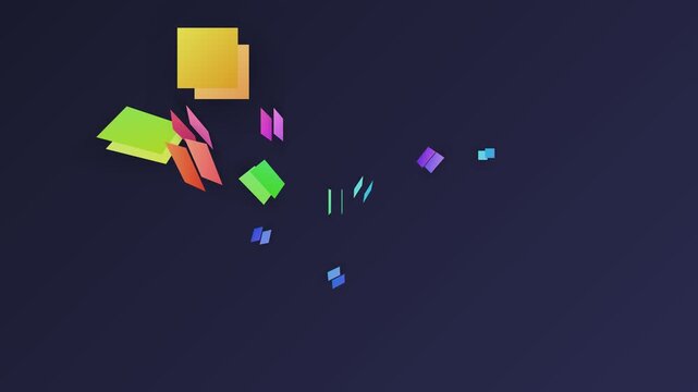 Abstract composition of colorful floating geometric shapes on dark background