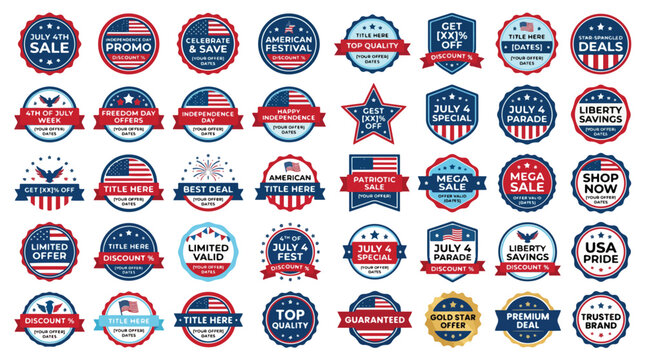 Patriotic July 4th sale badges, 40 American Independence Day promotional labels, red white and blue USA discount stickers, vector marketing icons