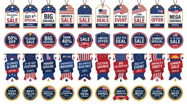 Independence Day sale labels and 4th of July discount tags, set of 40 patriotic American flag promotional elements, red white and blue marketing badges