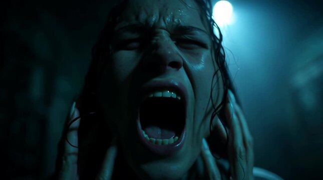 Possessed exorcist is screaming. Demonized lady. Halloween