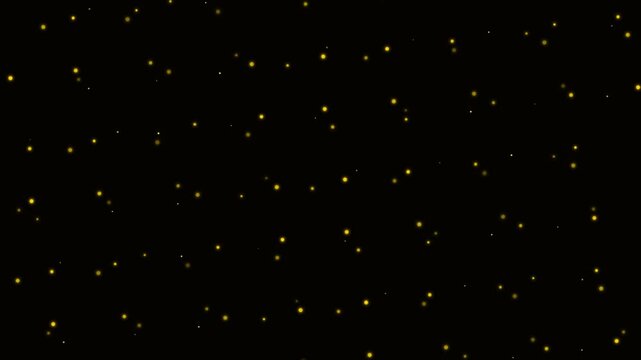 A field of glowing yellow fireflies captured in the deep darkness of night