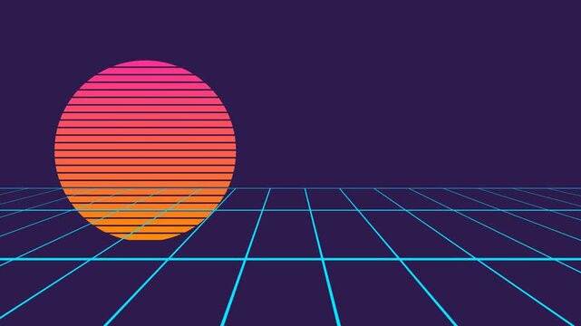 A vibrant synthwave sun setting over a glowing digital perspective grid