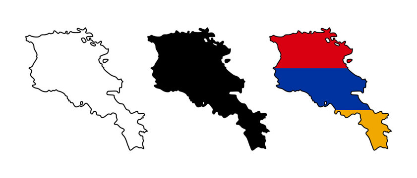 Vector set of Armenia map including outline, black silhouette and national flag map. Editable geographic illustration ideal for travel, education, infographic and country themed design projects.