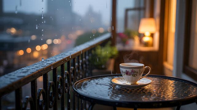 Steaming coffee cup on a table during a rainy evening on a balcony with city lights bokeh