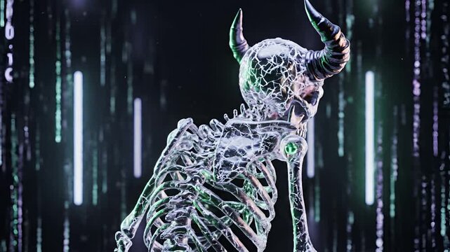 Futuristic Skeletal Demon with Horns and Digital Matrix Background.