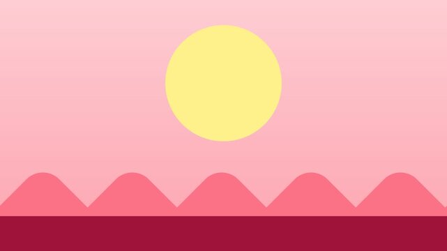 Minimalist graphic illustration of a yellow sun over a wavy pink landscape