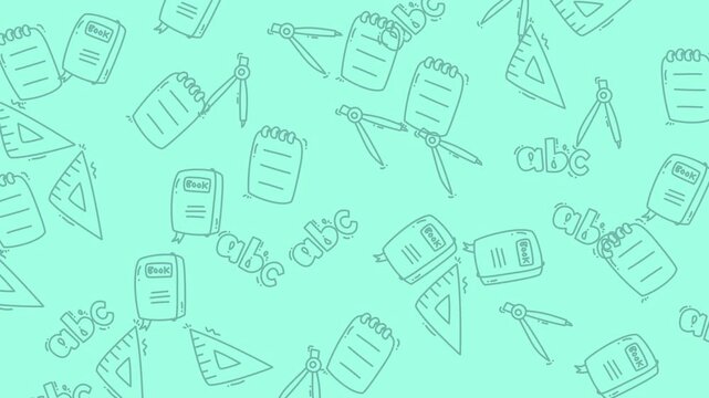 Pattern of school supplies and letters on light green background. Suitable for educational, stationery, backtoschool designs. Vibrant and versatile.