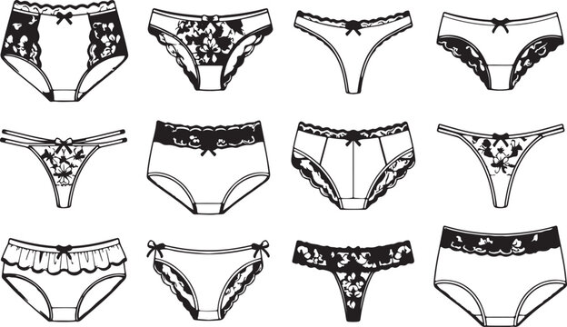 Set of various female underwear panties and lingerie silhouettes in a flat black and white line art vector design collection for fashion