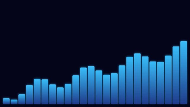 Dynamic blue bar chart visualization against a deep black background display
