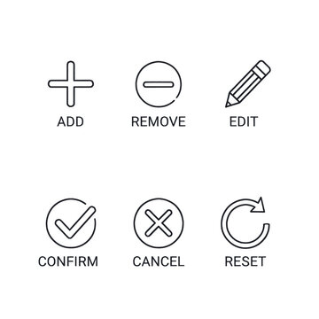Set of six simple line icons representing common actions like add, remove, edit, confirm, cancel, and reset.
