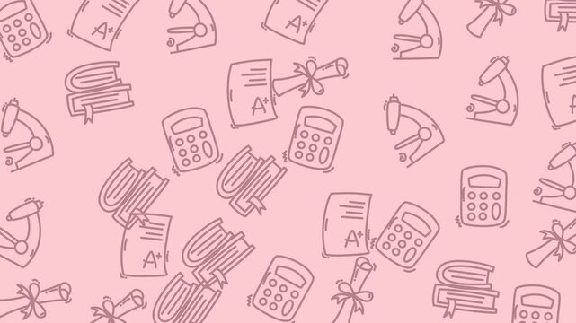 Pink background with school icons like calculators, books, and diplomas. Perfect for educational presentations, school projects, or backtoschool designs.