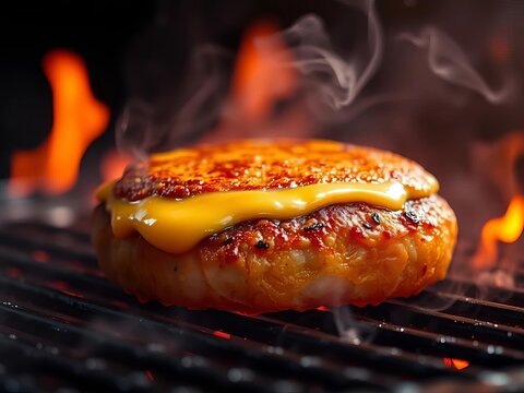 Golden brown patty glistens with melted cheese as smoke wafts upwards from sizzling grill, brown, ||sizzling