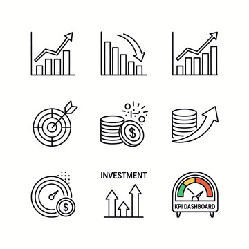 Set of financial and business growth icons including charts, coins, target, and KPI dashboard.
