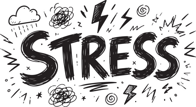 Hand drawn stress word with scribbles and lightning bolt doodles representing mental pressure and anxiety in a messy creative sketch style