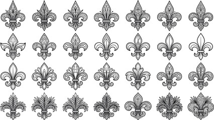 Fleur De Lis Line Icon Set with Vintage Royal Ornaments and Lily Flower Symbols for Luxury Branding Graphic Designs © MstRozina