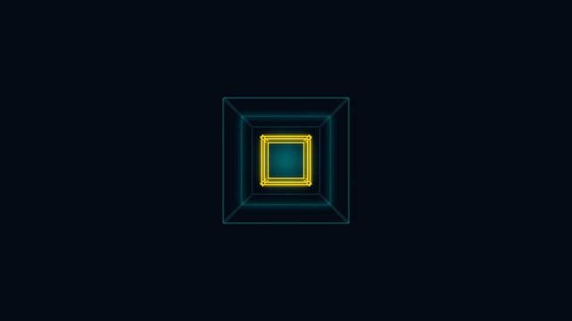 A glowing yellow cube centered inside a translucent blue wireframe pyramid