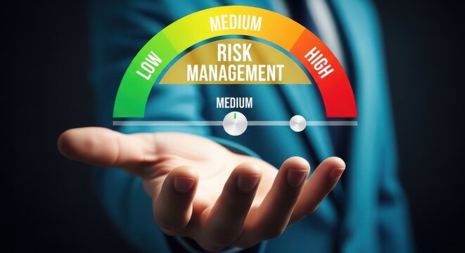 A hand holding a digital risk management gauge with low medium and high levels for business strategy analysis and financial decision making