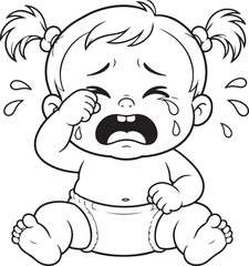 Fototapeta premium Cute cartoon baby girl crying and sitting in a diaper for a coloring book page illustration
