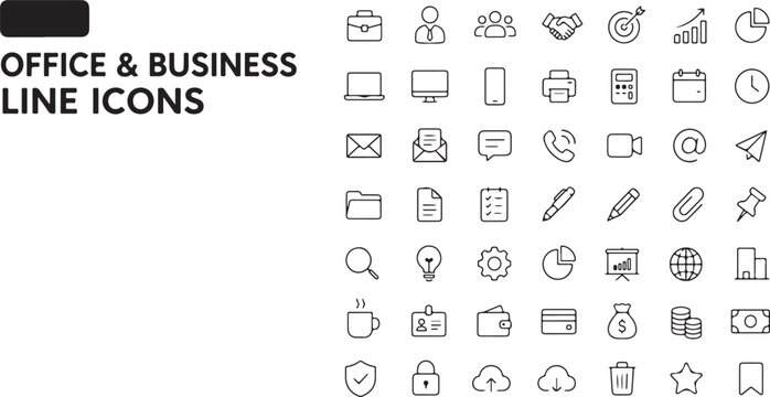 Set of simple office and business line icons for professional work and corporate communication tasks including computer laptop printer document and money