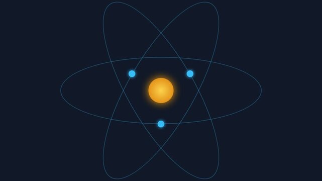 Minimalist digital illustration of a glowing atom on a dark blue background