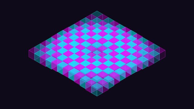 An abstract isometric grid of glowing blue and purple cubic blocks on black
