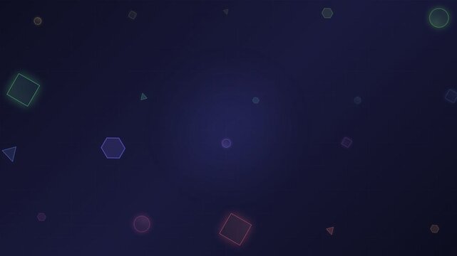 Floating geometric shapes with glowing outlines on a deep blue background