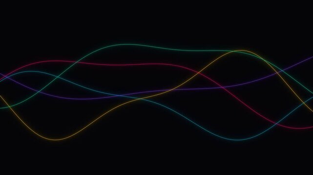 Abstract colorful dotted sine waves flowing on a deep black background