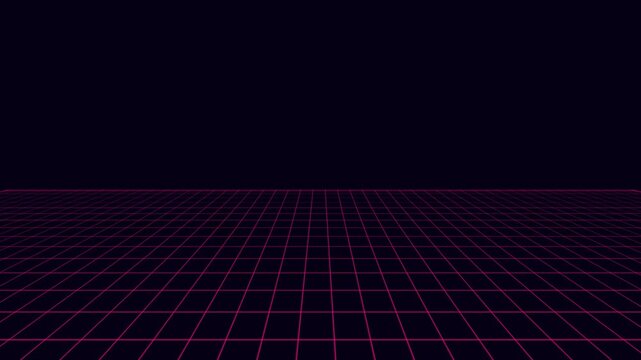 A glowing pink grid receding into the darkness of a digital horizon space
