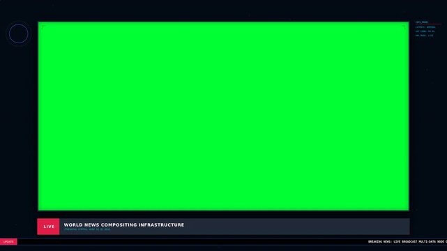 A digital screen with a vivid green background, framed in black, displaying a news ticker at the bottom with text about global computing infrastructure