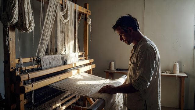 A faithful artisan standing before a half-finished loom with one hand resting on slack threads and gaze fixed in troubled thought, a modest workshop with hanging yarn, a narrow bench, and plain walls 