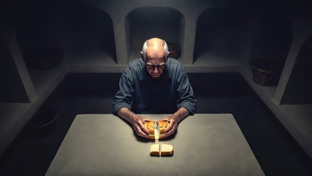 A faithful elder dividing a single small loaf into careful portions while seated alone at a bare stone table, a sparse biblical storage chamber with empty baskets and silent alcoves deepening the sens