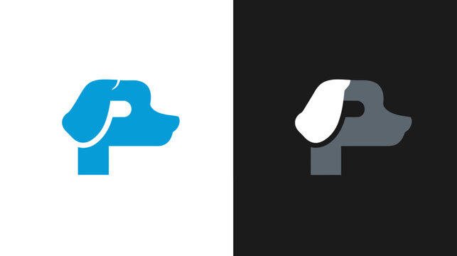 Minimalist dog head icon or logo incorporating the letter P, presented in vibrant blue and monochrome color variations.