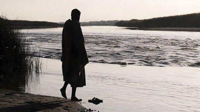 A faithful pilgrim standing barefoot beside neatly placed sandals on a riverbank without stepping forward, a broad river crossing with reeds, shallow stones, and distant opposite shore suggesting prom