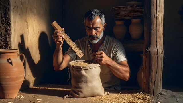 A faithful steward holding a grain measure above an empty sack while looking downward in solemn calculation, a village granary corner with stacked jars, a wooden post, and scattered chaff heightening 