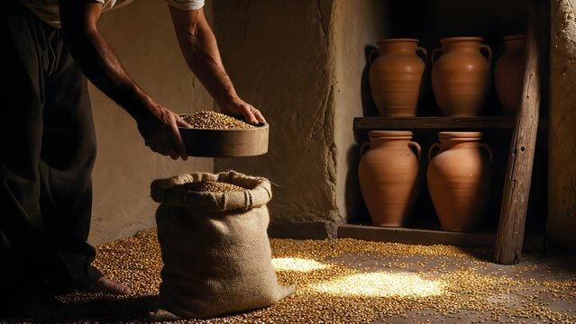 A faithful steward holding a grain measure above an empty sack while looking downward in solemn calculation, a village granary corner with stacked jars, a wooden post, and scattered chaff heightening 
