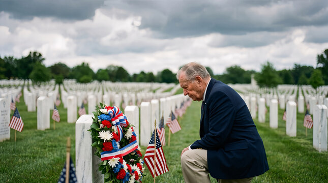 Elderly veteran kneeling in solemn remembrance before a gravestone with a ceremonial wreath at a national military cemetery on Memorial Day