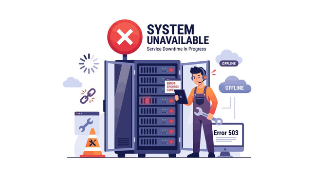 Technician troubleshooting server error with computer system unavailable online