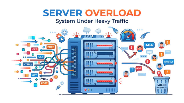 A server experiences overload under heavy traffic, surrounded by various system and network icons.