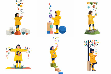 Fototapeta premium A set of six illustrations of a little girl in a yellow raincoat playing and interacting with colorful geometric shapes, representing childhood imagination and learning.