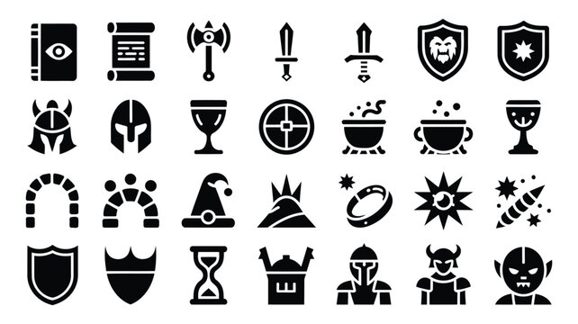Black and white fantasy role playing game set with shields and potions