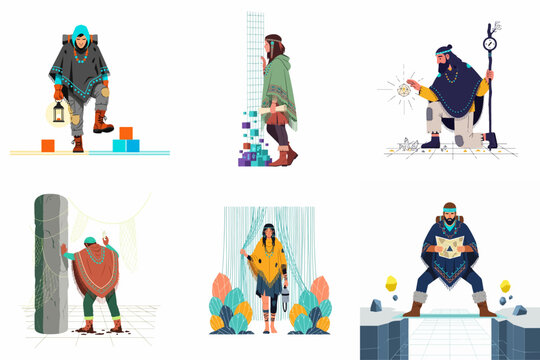 Collection of diverse tribal characters exploring a futuristic digital landscape featuring traditional clothing and sci-fi technology elements.
