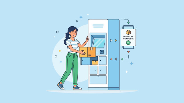 Woman interacts with vending machine using phone outdoors in city